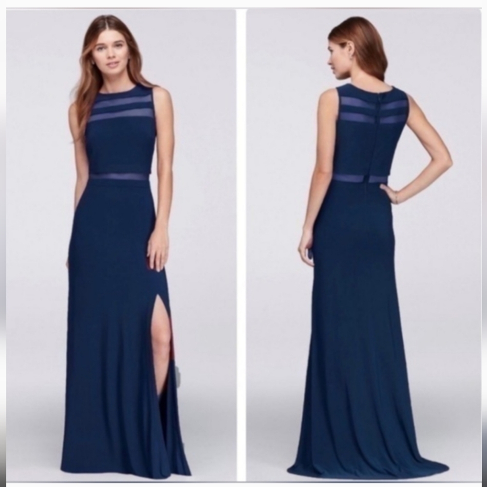 Nightway Womens Navy Blue Illusion Gown Sheer Midriff Slit